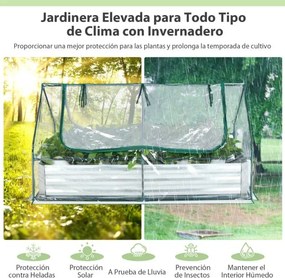 Canteiro elevado de 2 níveis com cobertura de estufa e janelas de enrolar Floreira sem fundo Rega fácil 180 x 90 x 91 cm