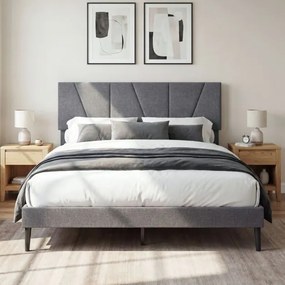 Estrutura de cama 160 x 200 cm (COLCHÃO NÃO INCLUIDO) com plataforma estofada, cabeceira geométrica ajustável em altura e ripas de madeira cinza