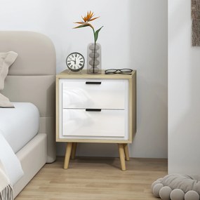 Mesa de Cabeceira, 40 x 35 x 50 cm, 2 Gavetas Silenciosas, Castanho e Branco Brilhante