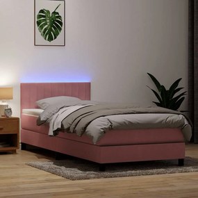 vidaXL Cama box spring c/ colchão e LED 100x220 cm veludo Rosa