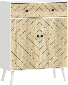 HOMCOM Sapateira de 2 Portas com Design em Espiga Prateleiras Ajustáveis Gaveta para 12 Pares de Sapatos 75x35x97 cm, Branco e Madeira | Aosom Portugal