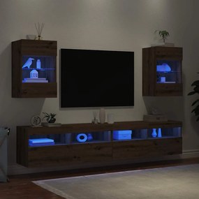 Móveis de parede para TV com luzes LED 2 pcs carvalho artesanal