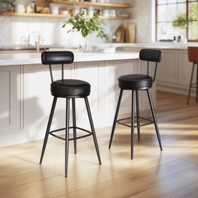 Conjunto de 2 bancos altos giratórios com encosto, couro sintético 56 x 56 x 101,5 cm preto