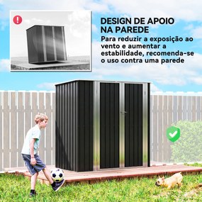 Abrigo de Jardim Exterior Metálico 1,37 m² 163x89x163 cm com Telhado Inclinado, Portas com Fecho e Luvas Cinzento