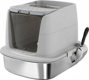PawHut Caixa de Areia para Gatos em Aço Inoxidável L com Tampa Removível e Pá Inox, Cinzento Claro | Aosom Portugal