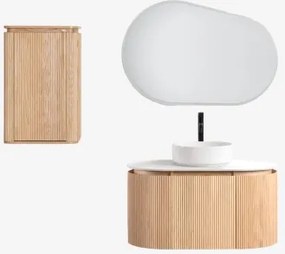 Conjunto De Móvel De Casa De Banho Suspenso 90x50 Cm Em Madeira Carsone Madeira Natural & Madeira Natural & Cerâmica Redonda Branca Ø40 - Sklum