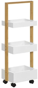 HOMCOM Carrinho de Casa de Banho de Bambu com Rodas e 3 Cestos de Armazenamento 28x18x75 cm Branco e Madeira