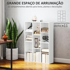 Estante de 3 Níveis Estante para Livros com 11 Compartimentos Desenho Vertical ou Horizontal 74,3x24x106 cm Branco