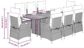 9 pcs conjunto de jantar p/ jardim c/ almofadões vime PE preto