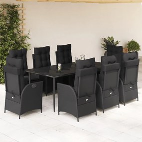 9 pcs conjunto de jantar p/ jardim c/ almofadões vime PE preto
