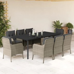 9 pcs conjunto de jantar p/ jardim c/ almofadões cinzento claro