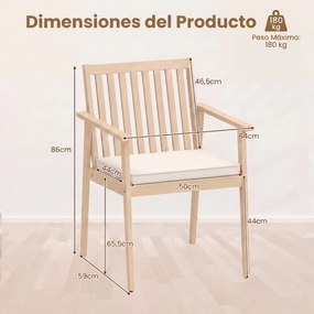 Conjunto 2 Cadeiras de Jantar jardim Madeira Acacia Almofada Removível Apoio de Braços Natural e Branco