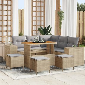 vidaXL Conjunto de Sofás de Jardim de 9 Peças com Almofadas Bege, Poly Rattan, Acácia