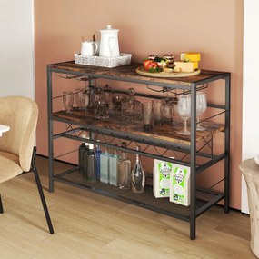 Garrafeira de vinhos de 4 níveis 104 cm Mesa de bar de vinhos com arrumação e 4 filas para copos Estante de vinhos para cozinha Castanho