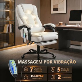 Cadeira de Escritório com 7 Pontos de Massagem com Apoio para os Pés Retrátil, Altura Ajustável, Comando Remoto e Tecido PU Branco
