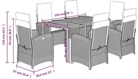 7 pcs conjunto de jantar p/ jardim c/ almofadões vime PE preto