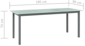 Mesa de jardim em alumínio e vidro 190x90x74 cm cinzento-claro
