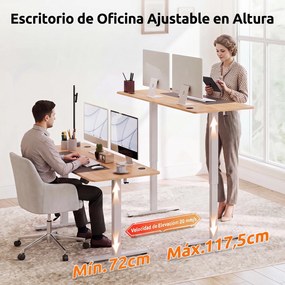 Secretária Elétrica para Escritório, 140 x 60 x 72-118 cm, Regulável com 3 Memórias, Natural + Branco