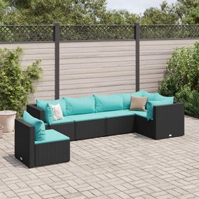 6 pcs conjunto lounge de jardim c/ almofadões vime PE preto