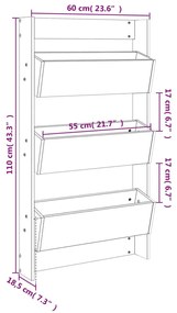 Floreira parede c/ 3 caixas 60x18,5x110cm pinho maciço cinzento