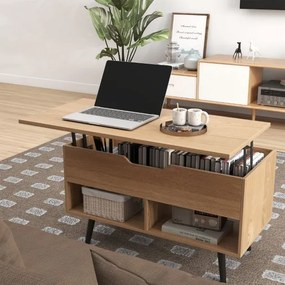 Mesa de centro com tampo elevável 80 x 40 x 46 cm, compartimento oculto e 2 prateleiras para sala de estar Natural