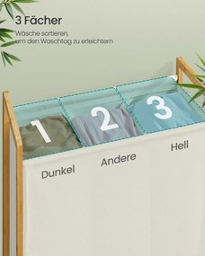 Cesto para roupa suja 150L 65 x 40 x 78 cm com estrutura em bambu e dois compartimentos creme