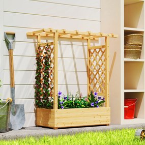 Floreira elevada com treliça lateral e superior, vaso com orifícios de drenagem, 110 x 44 x 113 cm, madeira natural