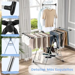 Estendal de roupa dobrável ​​de alumínio de 6 camadas para roupas estilo asa de gaivota airer com altura ajustável e clipes laterais prateado