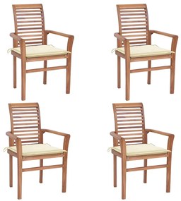 vidaXL Cadeiras de jantar 4 pcs c/ almofadões cor creme teca maciça