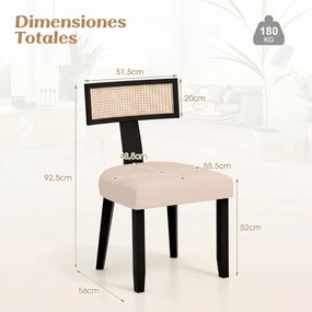 Conjunto de 2 cadeiras de jantar em madeira de borracha, com assento estofado, encosto largo e rattan; para sala de estar, quarto ou restaurante; pret