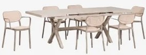 Conjunto De Mesa Retangular Extensível Karena 180-240x90 Cm E 6 Cadeiras De Jardim Empilháveis Com Apoios De Braços Omara Moka Brown - Sklum