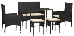 6 pcs conjunto lounge de jardim c/ almofadões vime PE preto