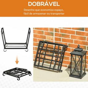 Suporte para Lenha Dobrável Porta Lenha Interior e Exterior Metálico com Grade e Base Elevada Carga Máxima 50kg 48x34x37cm Preto