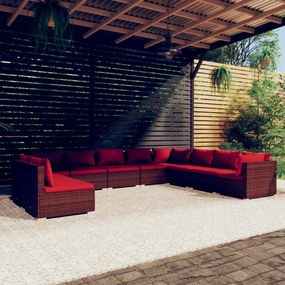 vidaXL 10 pcs conjunto lounge jardim c/ almofadões vime PE castanho