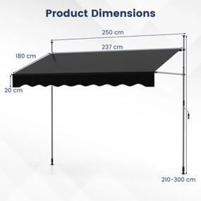 Toldo retrátil manual 2,5 m x 180 cm Sombra exterior ajustável sem perfuração com manivela para pátio, varanda, jardim Preto