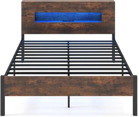 Estrutura Cama 200 x 140 cm com luzes LED (COLCHÃO NÃO INCLUIDO), cabeceira com espaço de armazenamento, tomadas elétricas e estrado de ripas Castanho