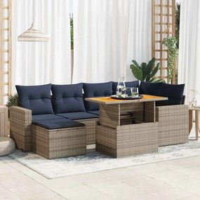 7 pcs conjunto sofás p/ jardim c/ almofadões vime PE cinzento