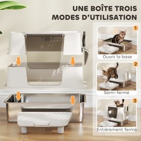 Caixa de areia XL em aço inoxidável para gatos de grande porte, tampa giratória a 100°, pá, 60,2 x 40,2 x 44,5 cm, cinzento claro