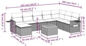 9 pcs conjunto sofás p/ jardim com almofadões vime PE cinzento