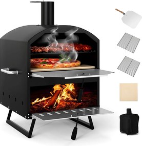 Forno de Pizza Exterior de 2 Camadas Fogão Portátil com Pedra, Pá e Grelhas para Churrasco e Tampa para Acampamento 61 x 53 x 83 cm Preto
