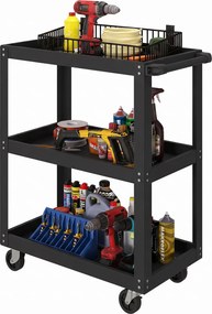 Carrinho de oficina com 3 prateleiras 70,5 x 35 x 82,5 cm, pega lateral e rodas bloqueáveis, preto