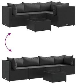 5 pcs conjunto lounge de jardim c/ almofadões vime PE preto