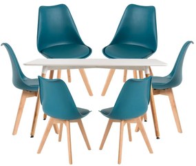 Conjunto Mesa Tower Retangular 120 x 80 cm Branca e Pack 6 Cadeiras Synk Basic - Verde-azulado