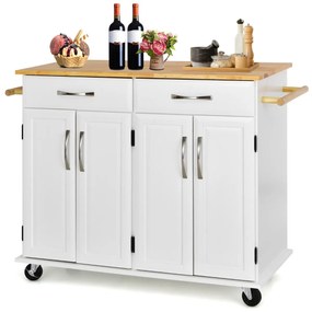 Carrinho para ilha de cozinha com tampo de madeira Estantes ajustáveis 2 gavetas grandes 122 x 48 x 92,5 cm Branco