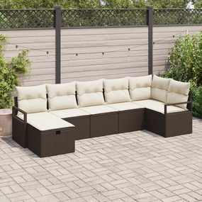 Conjunto de Sofá de Jardim de 7 Peças com Almofadas Castanho Vime PE