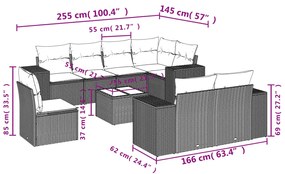 9 pcs conjunto de sofás p/ jardim c/ almofadões vime PE preto
