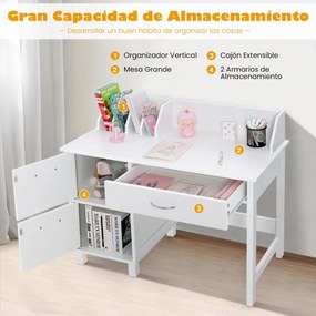 Conjunto de secretária e cadeira para crianças com 4 separadores de livros incorporados, gaveta e armários fechados para meninos e meninas a partir do