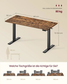 Secretária elétrica com altura ajustável 140 x 60 x (72-120) cm, função de memória com 4 alturas, castanho vintage