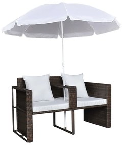 Sofá Lamel Lounge de Jardim em Vime com Guarda Sol - Castanho e Branco