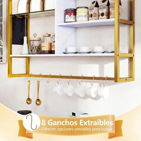 Prateleira suspensa moderna 107 x 24 x 96 cm, 6 níveis, 8 ganchos e bolso lateral para cozinha, bar ou casa – Dourada e Branco